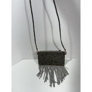 Free People Fringe‎ Boho Western CrossBody Embossed Leather Purse Bag Gray/black